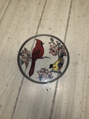 Vtg Glass Master Suncatcher Cardinal Couple Bird Red Yellow USA Made Cottagecore